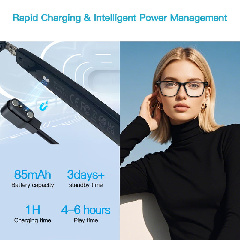 Smart Glasses for Men Women, Bluetooth Audio Glasses with Open Ear Design, Wireless Headphones, Hands-Free Calling, Voice Assistant Support, IP67 Waterproof, 6H Playtime for Working Relaxing M01 Smart Glasses-Clear