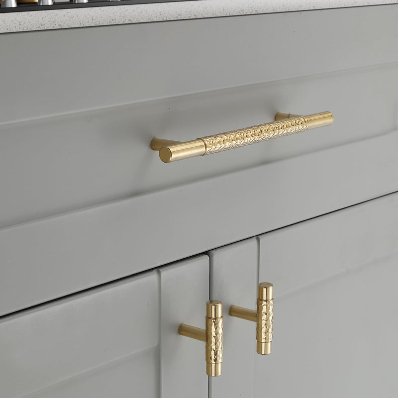 Polished Brass Cabinet Pulls, 5 Pack Modern Gold Solid Brass Dresser T-Bar Handles Cupboard Drawer Hardware for Bathroom Kitchen (5, T Knobs Single Hole)