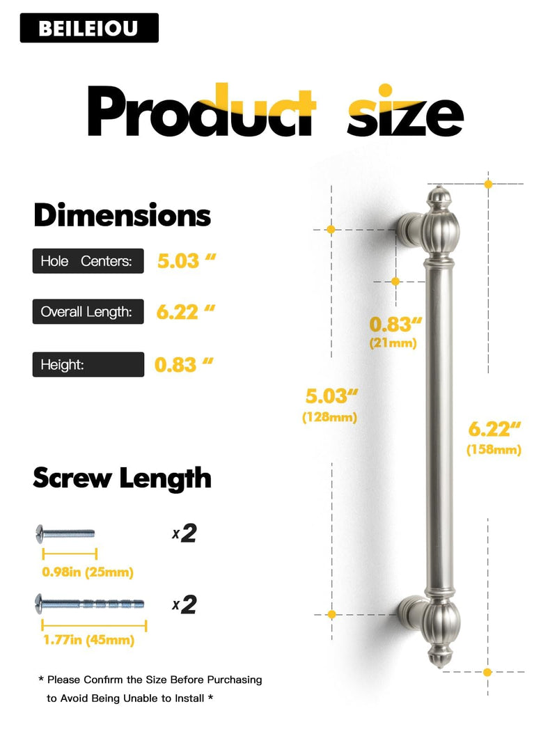 Brushed Nickel Zinc Alloy Cabinet Pulls - 5"(128mm) Hole Center Classic Vintage Drawer Handles,Kitchen Cupboard Bathroom Dresser Cabinet Hardware Handles (5, Brushed Nickel, 5"(128mm)Hole Centers) 5" (128mm) Hole Centers