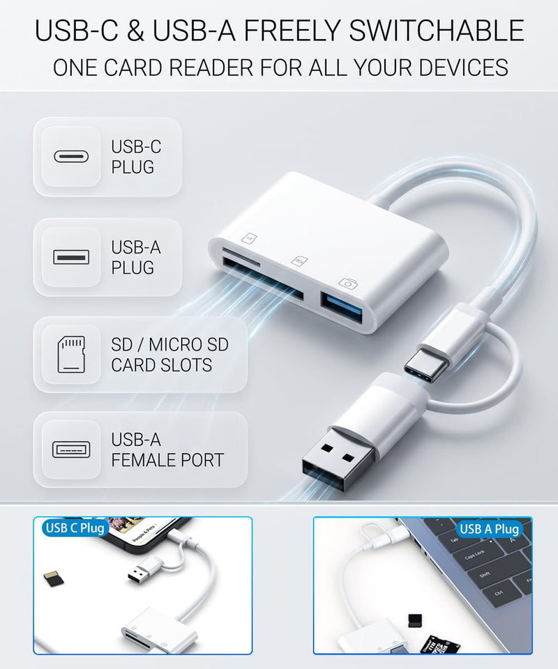 USB C & USB to SD Micro SD Memory Card Reader Digital Camera Viewer Adapter | SD and Micro SD Card Reader with USB Port Adapter for iPhone iPad, Android Phone Tablet, Mac, PC, Laptop Computer Plug & Play