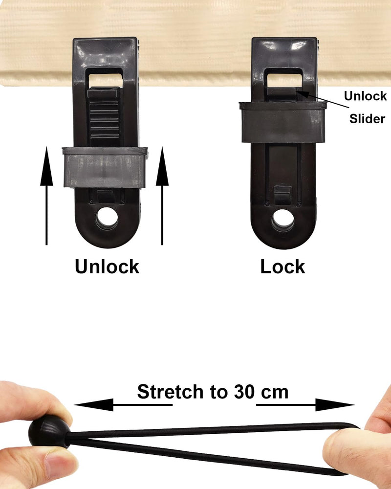 Tarp Clips Lock Grip, 40 Pack Tarp Clamps Heavy Duty and Ball Bungee Cords Set, Tent Clips with 6 Inch Bungie Cord Balls for Awnings Camping, Patio Umbrellas, Pool Awning Cover 40pcs Black