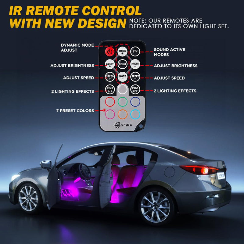 Xprite RGB LED Car Interior Bluetooth USB Light Strip, w/Wireless Remote and APP Control,4 PCS Under Dash Footwell Ambient Lights Kits, DIY Music Mode Universal for Vehicle Internal, SUV, Trucks G7 RGB +USB cable