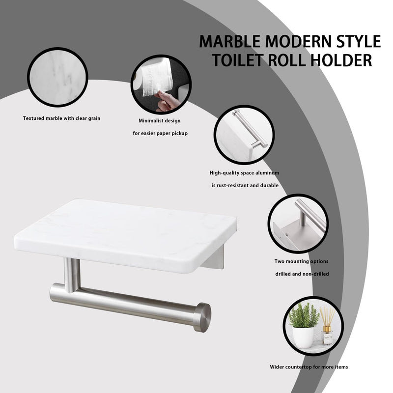Toilet Paper Holder with White Marble Shelf, Without Drilling Stainless Steel Toilet Roll Holder for Wall, Modern Toilet Paper Holder for Kitchen Bathroom (Brushed) Brushed