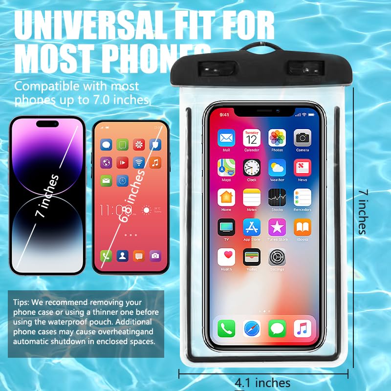 Waterproof Phone Pouch 2 Pack Universal IPX8 Waterproof Cell Phone Dry Bags for iPhone 17/16/15/14/13 Pro Max Beach Pool Kayak Cruise 7 inches Black&Pink