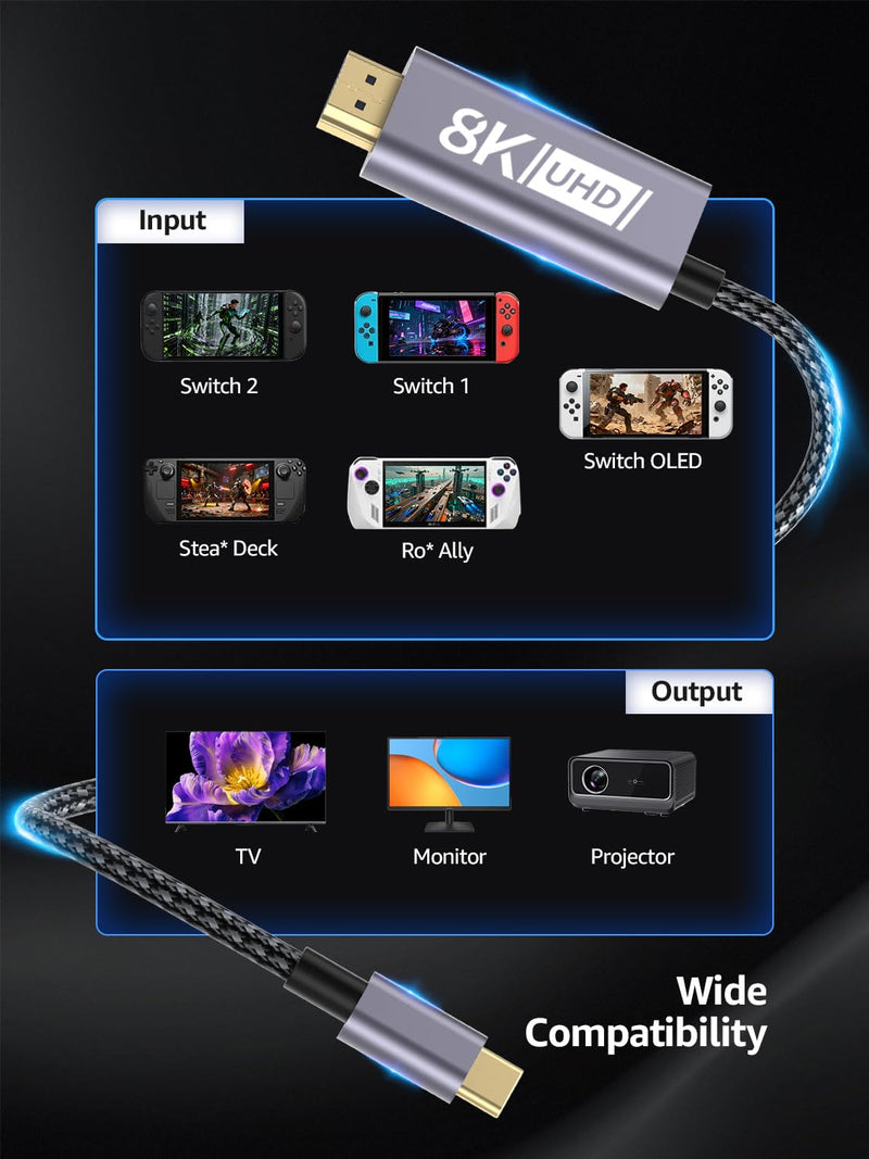[V 22.5.0] Switch 2 Dock HDMI Cable 8K@60Hz 4K@240Hz/120Hz/60Hz,HDMI 2.1&48Gbps,100W PD USB C Charging,HDR10+,Portable&Travel TV Docking Station HDMI Adapter Compatible with Nintendo Switch 2/OLED/1 Grey