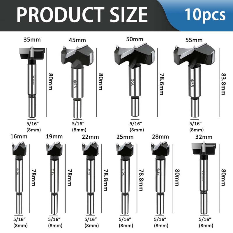 10PCS Forstner Drill Bit,Carbide Tipped Forstner Bit for Hard Wood, Wood Drilling Hole Saw Set Woodworking Hinge Cutter Tool Kits for Wood Plastic Plywood 16-55 mm 10