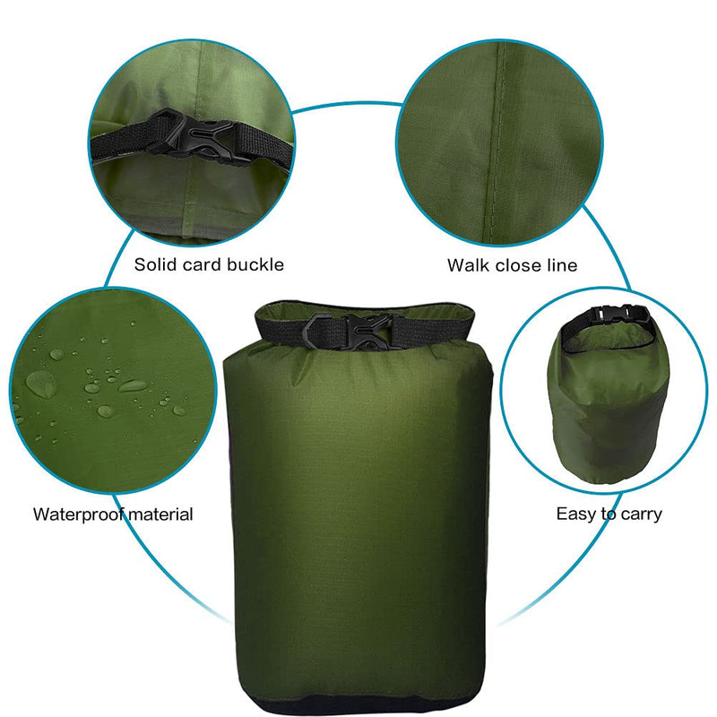 Pimoys 5 Pack Waterproof Dry Sacks, Lightweight Outdoor Dry Bags 20L /12L / 10L/ 6L/ 3.5L Ultimate Dry Bags for Kayaking Camping Rafting Boating Green