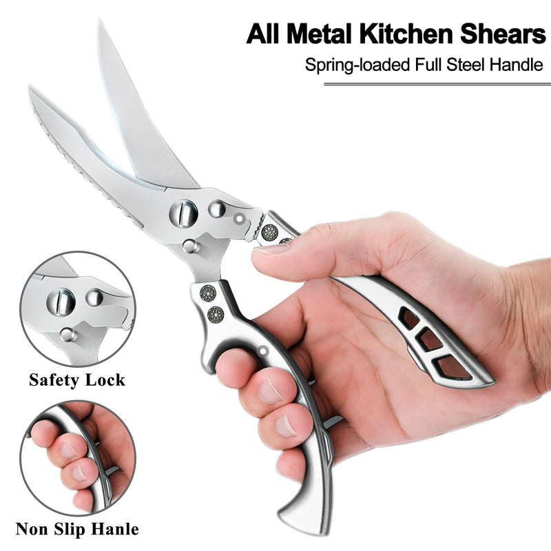 Poultry Shears Heavy Duty Professional, Multipurpose Kitchen Shears with Sheath, Spring-Loaded Stainless Steel Chef Scissors Cutting Bone, Chicken, Fish, Food, Meat, Full Steel Handle Silver