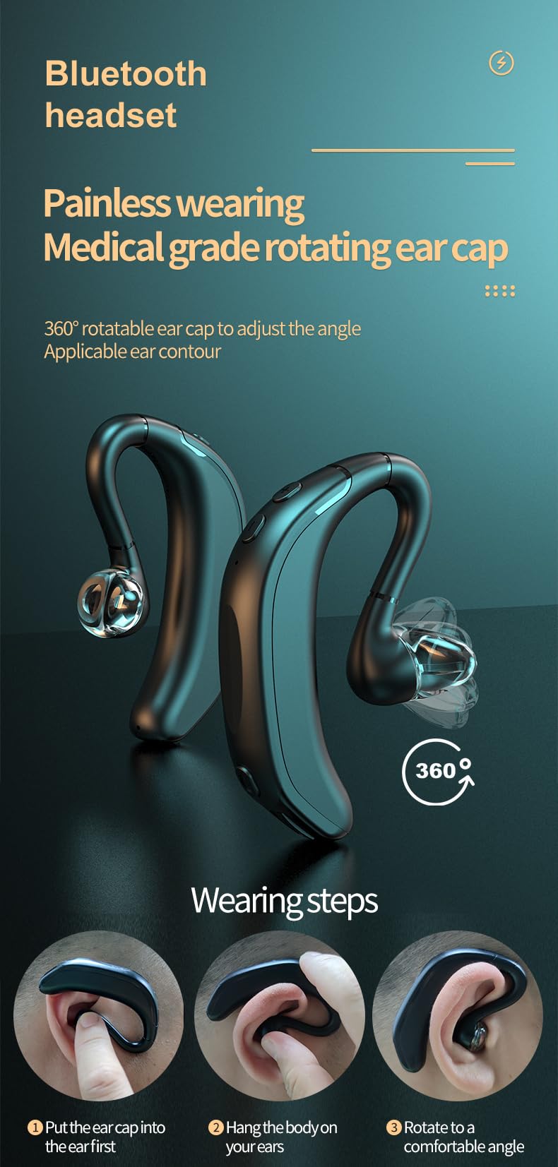 Bluetooth Headset-V5.1 Wireless Earpiece Built-in Mic Noise Cancelling, 360° Left and Right Ears in Ear Single Earhook Earbuds,20Hrs HD Talktime One Ear Piece Headset for Phone Android Samsung Laptop
