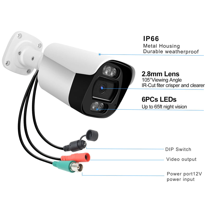 1080P CCTV Camera (Hybrid 4-in-1 HD-CVI/TVI/AHD/960H Analog CVBS) Outdoor Indoor, 6pcs IR-LEDs, ICR, 2.8mm Lens, 105° Wide Angle, Full Metal Housing, for 960H,720P,1080P,5MP,4K Analog DVR Bullet