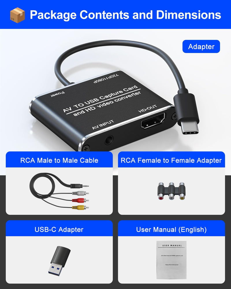 AV to HDMI Converter with USB Video Capture Function - RCA to HDMI Adapter VHS to Digital Converter for VCR, VHS, DVD, Camcorder, Hi8, Supports Recording Videos to Your PC or Mac via USB/USBC RCA to HDMI with USB Capture