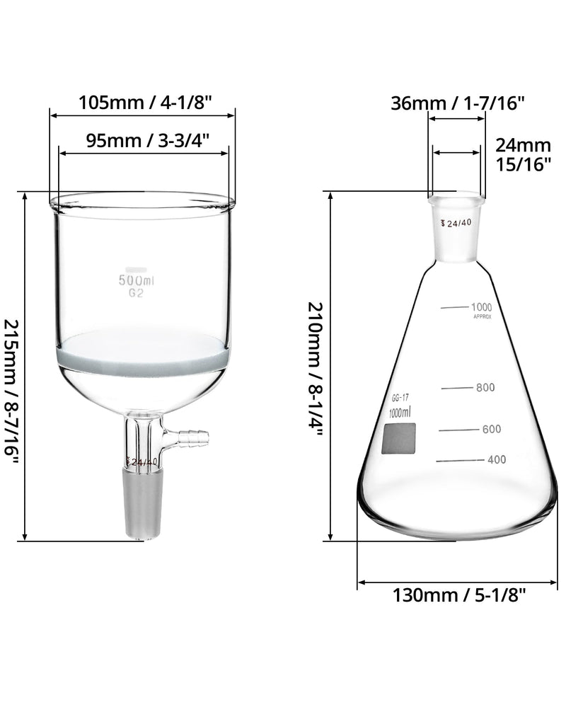 QWORK Borosilicate Glass 500ml Buchner Filtering Funnel and 1000 mL Erlenmeyer Flask, with Standard 24/40 Joint