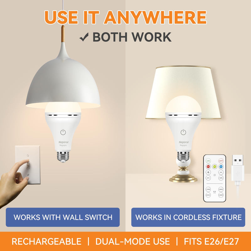 MagixPro Remote Rechargeable Light Bulbs, USB & Socket Charging, 1800mAh Battery, Dimmable LED Bulb for Hardwired & Non-wired Lamps Sconces, Touch + Remote Control, Wall Switch Compatible, 2 Pack 2 Pack 3 Colors