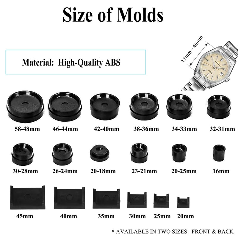 Watch Press Tool Set, Back Case Closer for Closing the Cover, Watch Battery Replacement, Watch Opener Remover, Repair Kit for Wristwatches with 18PCS Molds and A Pry Opening, Compatible with Round and Square Rectangular Dials and Backs 18 Dies
