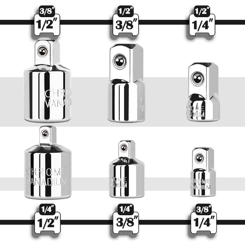 6 Piece Socket Adapter and Reducer Set, 1/4", 3/8", 1/2" Chrome Vanadium Steel Ratchet/Socket Extension/Conversion Kit for Automotive Maintenance Silver