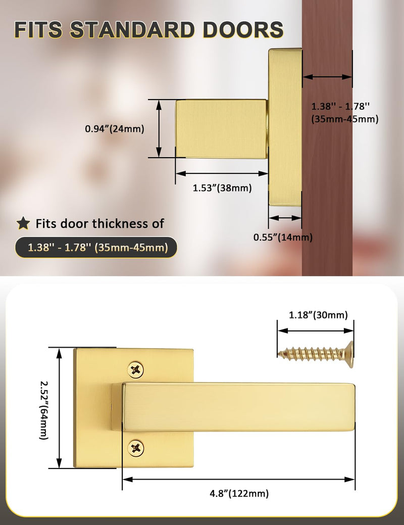 Tinewa 2 Pack Gold Dummy Lever Door Handles for Closets French Doors, Satin Brass Finish, Interior Dummy Door Locksets for Hall Closet Door Knobs Lock Reversible Right & Left Handed Gold-Half Dummy