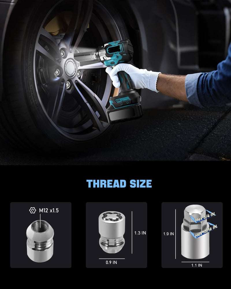 Wheel Locks | Wheel Locks Lug Nuts | M12 x 1.50 Locking Lug Nuts| Fit for Honda Civic Accord Toyota Tacoma Camry Corolla Acura Chrysler Hyundai Kia Lexus Mazda and more 13/16" Hex Key Cone Seat, 24157