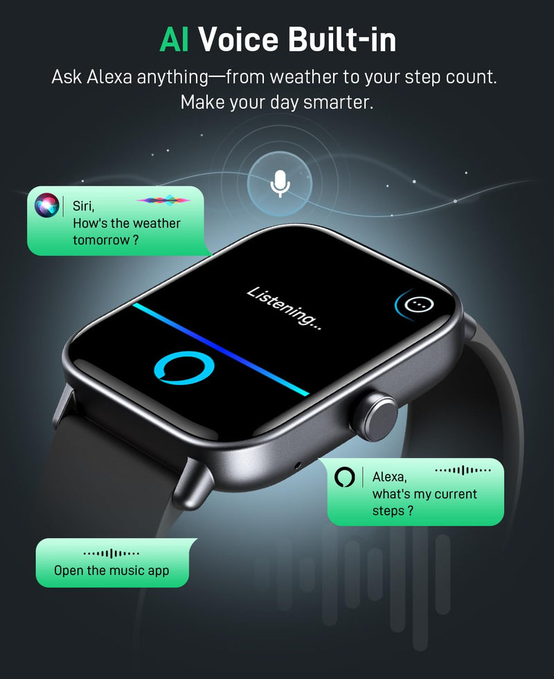 Smart Watch for Women Men, 1.85" Fitness Tracker for Android/iPhone, 2-Band | Bluetooth Call & Text Alert, Alexa Built-in, 24/7 Heart Rate/SpO2/Sleep/Cycles Monitor, 120+ Sports, IP68 Waterproof Black