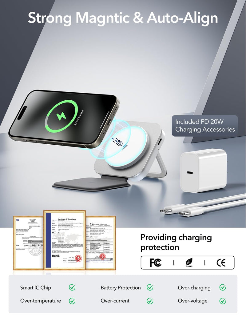 3 in 1 Foldable Magnetic Wireless Charger with Aluminum Alloy Stand, Mag Safe Charging Station Stand with PD 20W USB-C Adapter, for iPhone 15 14 13 12 Series, Apple Watch and AirPods, White