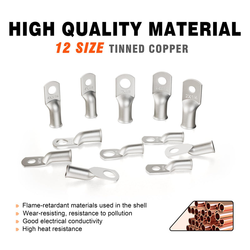 Sanuke 120pcs Tinned Copper Wire Lugs, AWG 8 6 4 2 Heavy Duty Ring Terminals, Marine-Grade Electrical Wire Connectors, 60pcs Battery Cable Ends & 3:1 Dual Wall Adhesive Heat Shrink Tubes Set 120PCS-TINNED