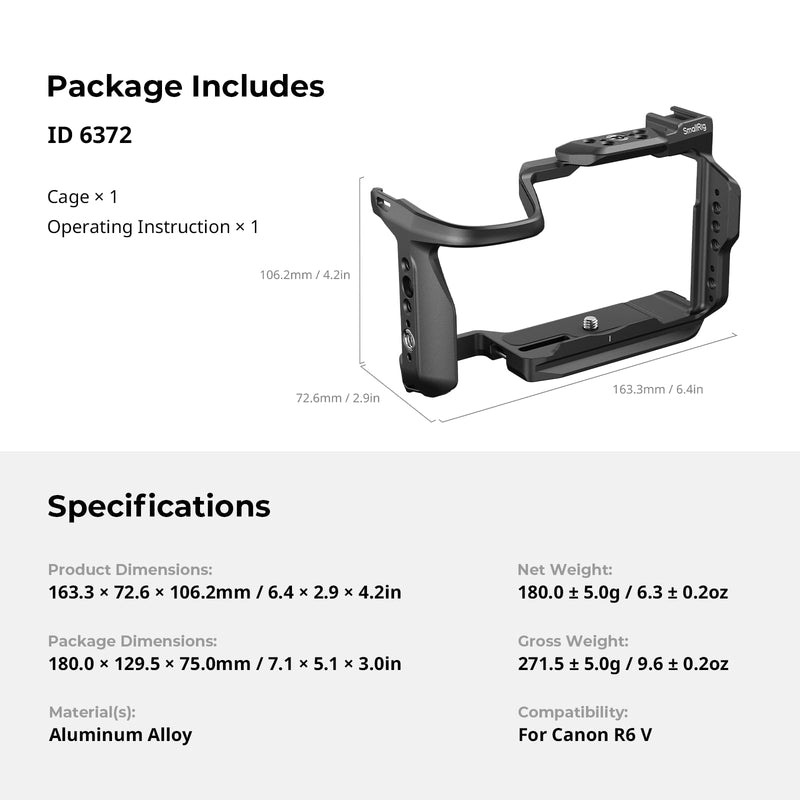 SmallRig R6 V HawkLock Quick Release Cage for Canon R6V, Aluminum Alloy Full Camera Cage, Quick Release Plate for Arca & Cold Shoe Mount & NATO Rails, for DJI RS Stabilizer - 6372 Basic Cage