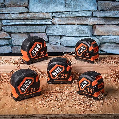 Klein Tools 9225 Tape Measure, Heavy-Duty Measuring Tape with 25-Foot Double-Hook Double-Sided Nylon Reinforced Blade, with Metal Belt Clip Orange/Black