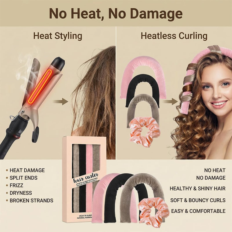6PCS Heatless Hair Curler Set No Heat Overnight Curls Ribbon Soft Satin Foam Rollers For Heat-Damage Free Styling With Rose Gold Scrunchie For Women Adults Everyday Wear And Parties Hair Accessories
