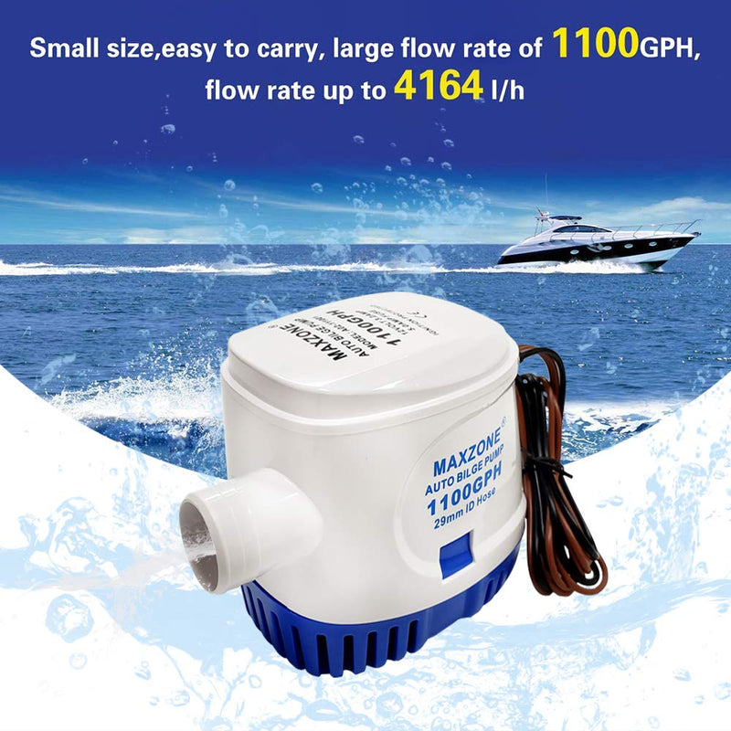 Automatic Submersible Boat Bilge Water Pump 12v 1100gph Auto with Float Switch, 1-1/8" Outlet, Compact Marine Boat Yacht A -1100GPH