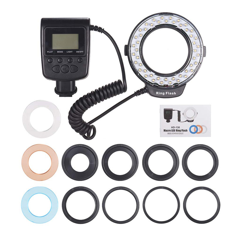 Andoer HD-130 Macro LED Ring Flash Light with LCD Display,Power Control,3 Flash Diffusers and 8 Adapter Rings for Canon Nikon Panasonic and Other DSLR Cameras