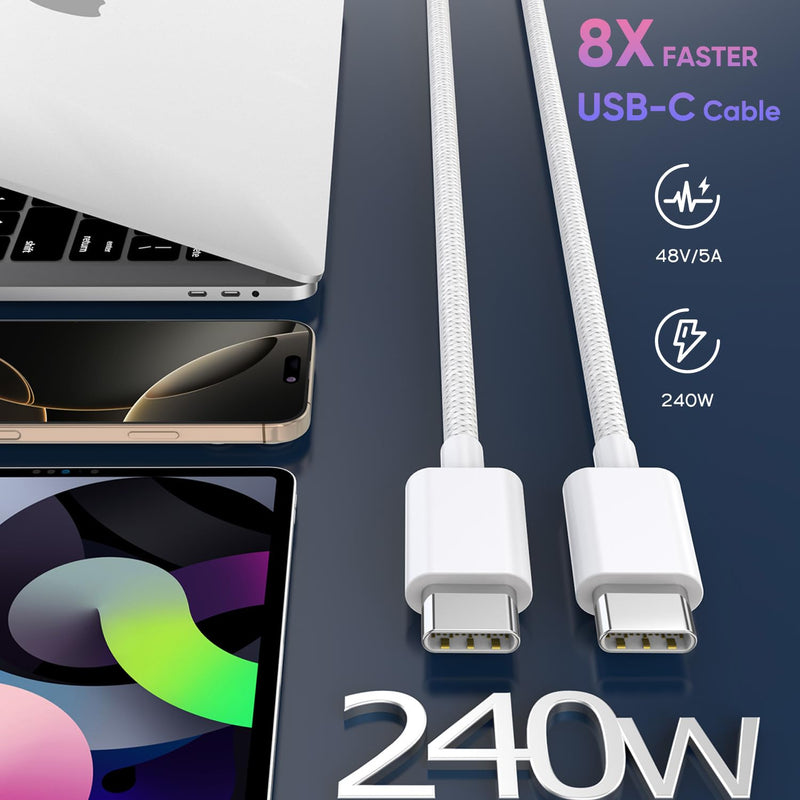 USB C to USB C,240W USBC Woven Charge Cable,10FT 2Pack Long USBC Cable Fast Charging Cord for Apple MacBook Pro/MacBook Air,iPad Pro/Air,iPad mini,iPhone 16e 16 15 ProMax Compatible 140W/100W/60W/45W 10FT 2