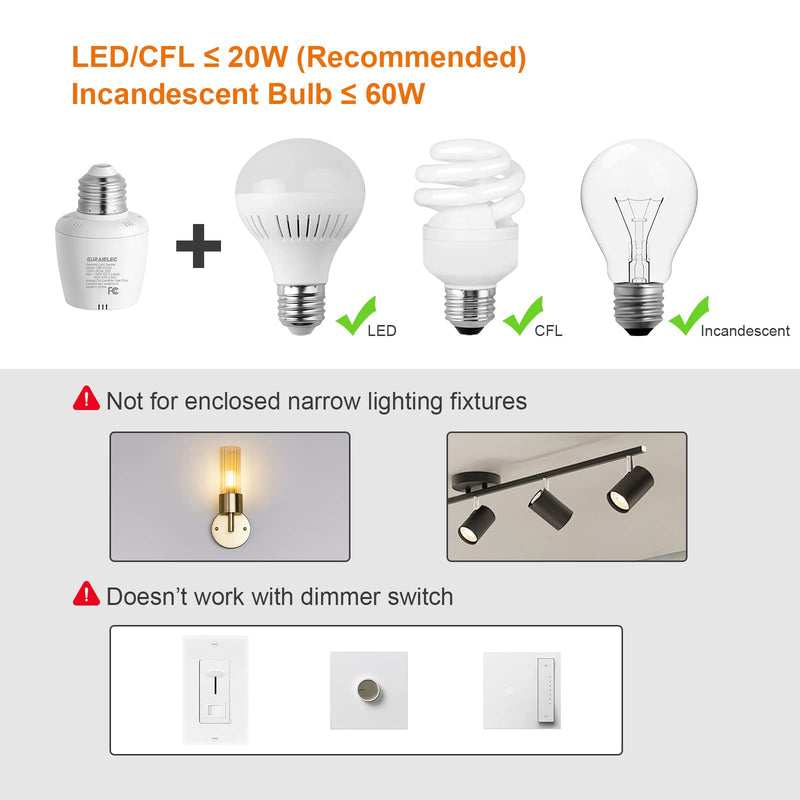 SURAIELEC Remote Control Light Socket, E26 E27 Bulb Base, 100FT Range, Wall Mountable Wireless Light Switch for Lamps, Pull Chain Light Fixture, Pull String (5 Sockets 2 Remotes, Shorter Version) 5 Sockets+2 Remotes