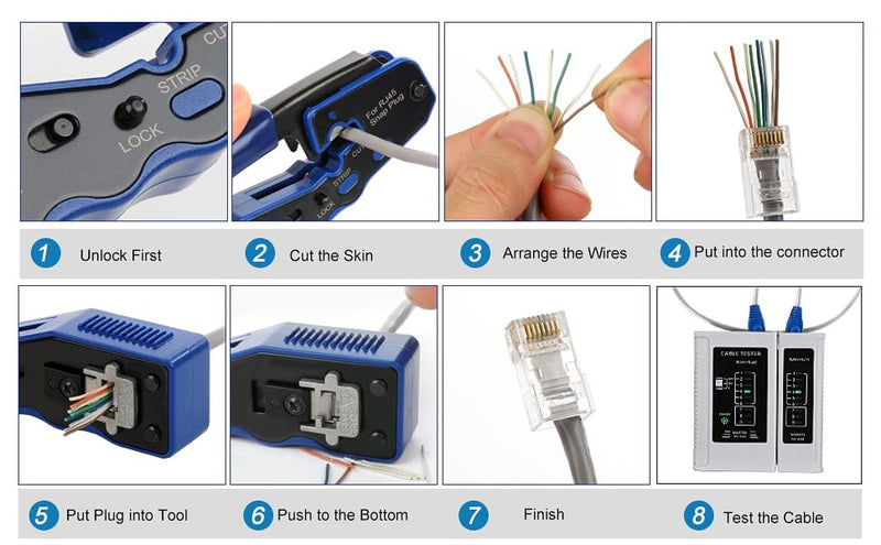 RJ45 Crimp Tool Kit Pass Through Ethernet Cat6 Cat6a Cat5e Crimping Tool with 20PCS Cat6 Pass-Thru Connectors,20 Covers,1 Wire Cutter Plier,1 Mini Wire Stripper and 1 Network Cable Tester Tool Kit 07