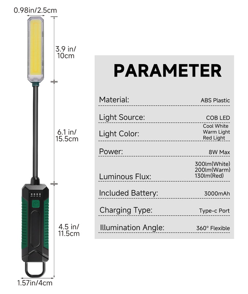 Magnetic Work Light, Rechargeable Flashlight Machine Light with 360° Flexible Gooseneck, Shop Tool Lamp for Lathe Drill Work Bench DIY Sewing Machine, Mechanic Light, Car Light/Emergency