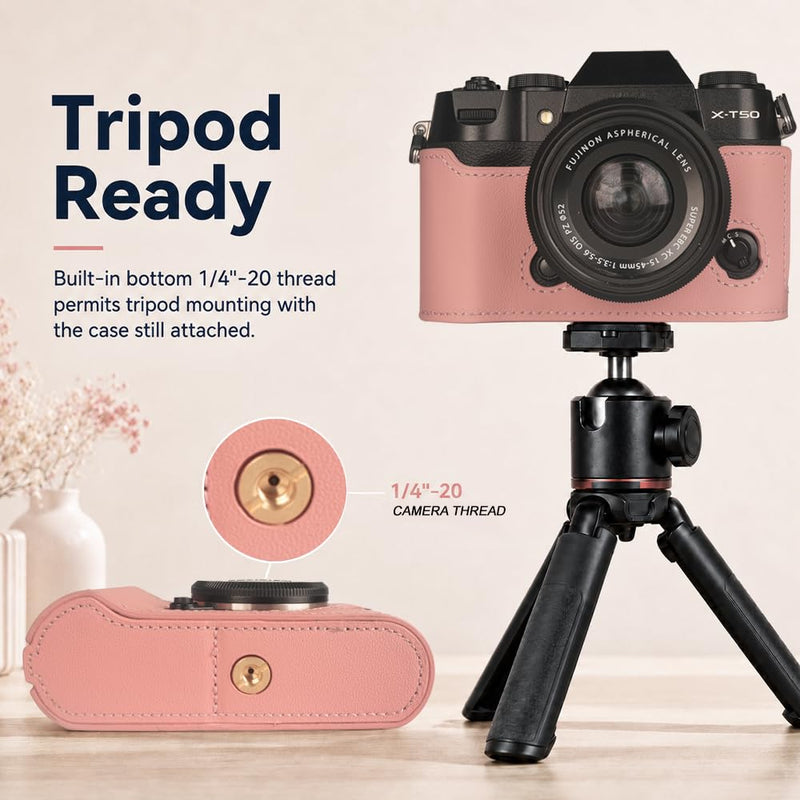Bowan X-T50 Camera Case, Handmade Genuine Real Leather Half Camera Case Bag Cover for Fujifilm X-T50 Camera Bottom Opening Version + Hand Strap (Pink) Pink