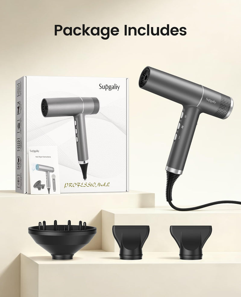 Ionic Hair Dryer 2000W High-Speed Fast Drying, 268g Lightweight, 110,000 RPM Brushless Motor, Low Noise, Travel Hairdryer with Diffuser & Concentrator, UK Plug, for Women Family Salon (Gray) Gray