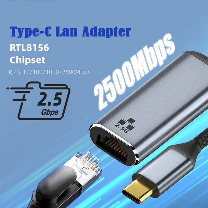 CY USB C to 2.5Gbps Ethernet Adapter,USB 3.1 Type C to RJ45 2500Mbps GBE Gigabit Ethernet Network LAN Cable Adapter for Laptop 2.5Gbps Grey