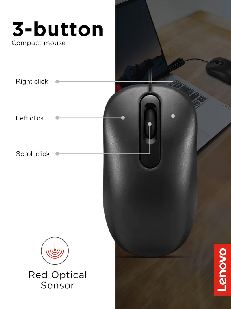 Lenovo 100 Wired USB Computer Mouse for PC, Laptop, Computer with Windows - Full-Size - Ambidextrous Design - 3 Buttons - Red Optical Sensor – Black Black 100