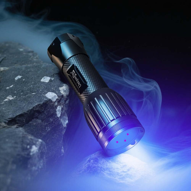 UniqueFire 1408 365nm Black Light UV Flashlight with 3 LEDs Professional UV Light,Powerful Blacklight Flashlight for Pet Urine Finding & Mineral, Antique Detection, Scorpion Search, etc Torch With T-C battery