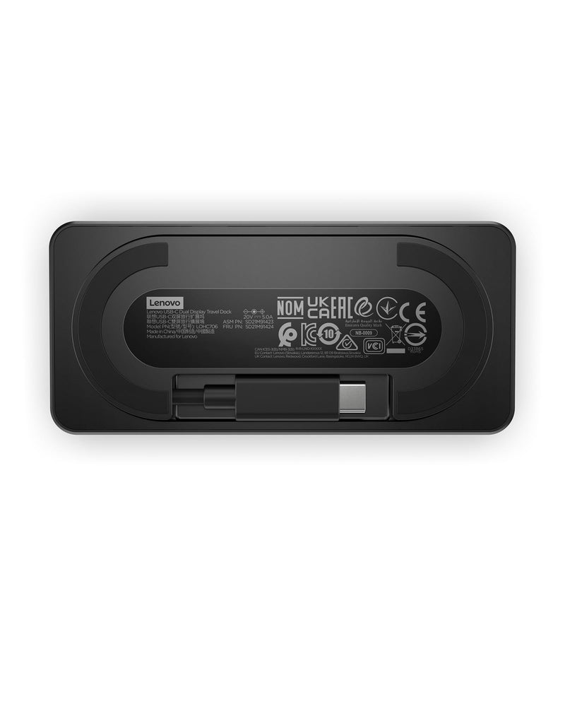 Lenovo USB-C Dual Display Travel Dock - 7 Ports, Integrated Cable, Universal Compatibility, Two displays at 4K - Black USB Dock