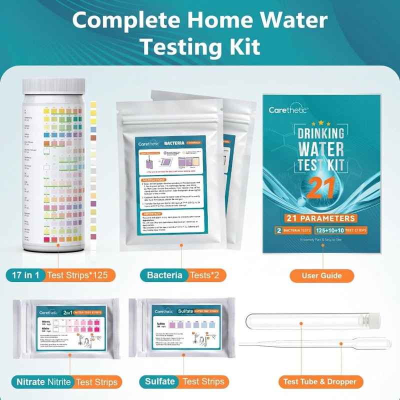 Carethetic Drinking Water Test Kit with Bacteria Test, Home Water Test Kit for Tap Water, Well Water & Filtered Water, Tests Lead, Hardness, Copper, Nitrate & Nitrite