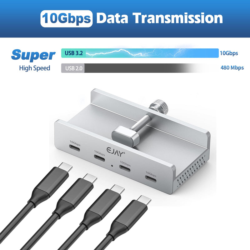 EJAY 10Gbps USB C Hub 4Ports Aluminum USB 3.2 Docking Hub Clamp Design for Desk/Computor with Extra Power Supply Port and 47inches Long Data Cable&39inches Power Cable (BJ-4C-SV) with 4 USB C Silver