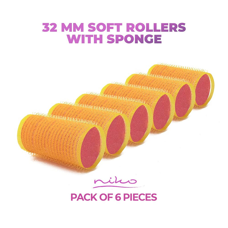 La Rosa Productos Profesionales NIKO 6-Pack 32 mm Self Grip Rollers WITH SPONGE for SLEEP, Hair Comb Curlers Curls and Waves EXTRA SOFT, Styling Tool Hairdresser/Barber Salon, Holding (32 mm) Random 6 count (Pack of 1)