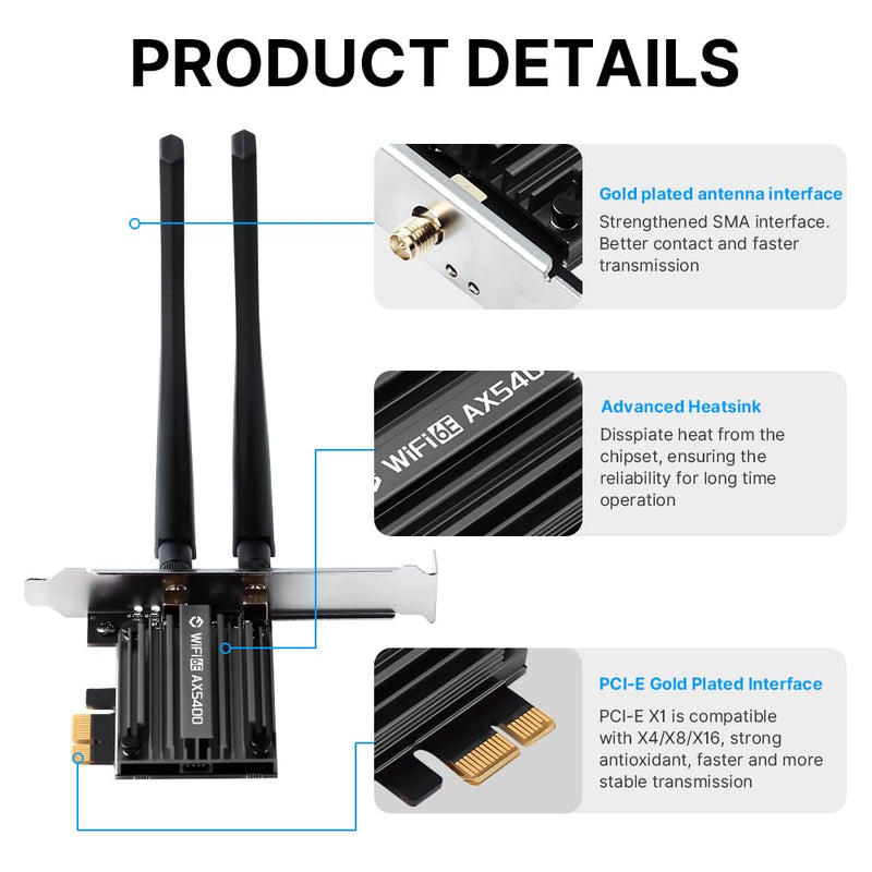 WiFi 6E PCIe Card AX5400Mbps Tri-Band Wireless Adapter (2.4G/5G/6GHz) BT 5.3 WPA3 802.11AX WiFi Adapter with MU-MIMO for Desktop PC - Windows 10/11 Compatible