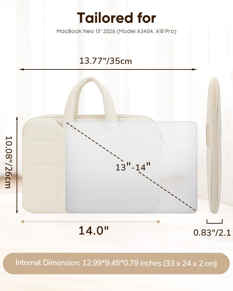 FINPAC Laptop Sleeve Case for MacBook Neo 13 Inch MacBook Air 13.6” Beige | Quilted Puffy Lightweight Laptop Carrying Bag for Women w/ Handle, Luggage Strap, Pockets Fits MacBook Air Pro 13.3" 14"