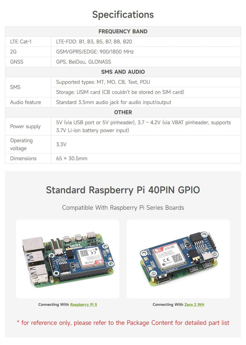Waveshare Cat-1/GSM/GPRS/GNSS HAT, Compatible with Raspberry Pi, Based On A7670E Module, LTE Cat-1 / 2G Support, GNSS Positioning