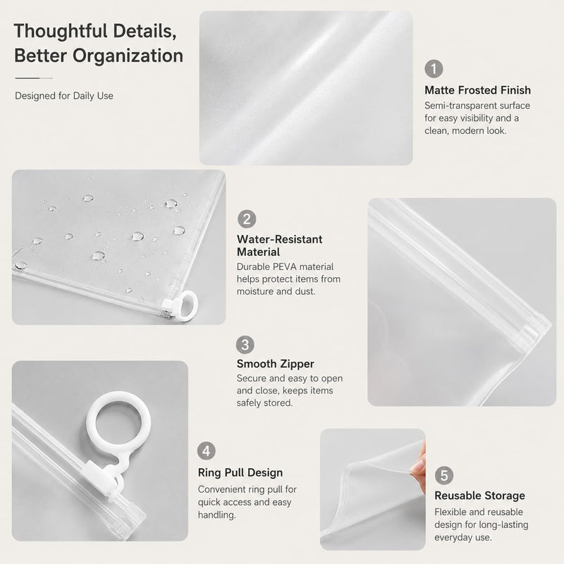 10 Pack Waterproof Clear Pouches, 11" x 7.1" Matte Storage Organizer, Zipper Plastic Bags for Office Supplies Makeup Cable Electronics for Travel Home Organizing, White Large