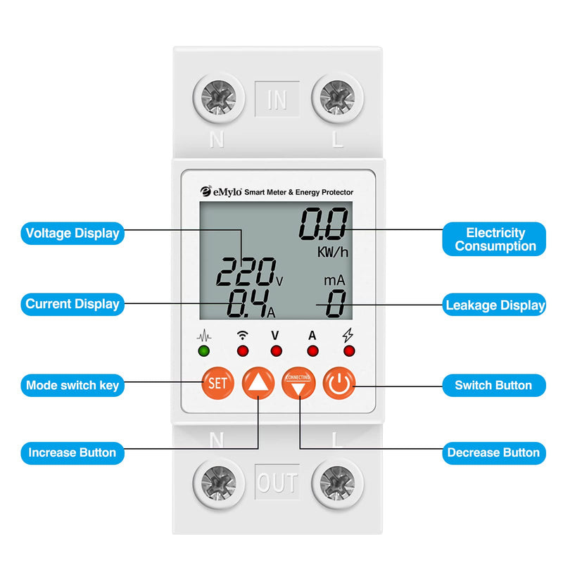 eMylo Smart Watt Meter Single-Phase AC 63A 80-400V, Tuya WiFi Power Meter Energy Monitor APP Remote Control, Circuit Breaker and Leakage Protection Suitable for Apartment Factory Home Energy Monitor