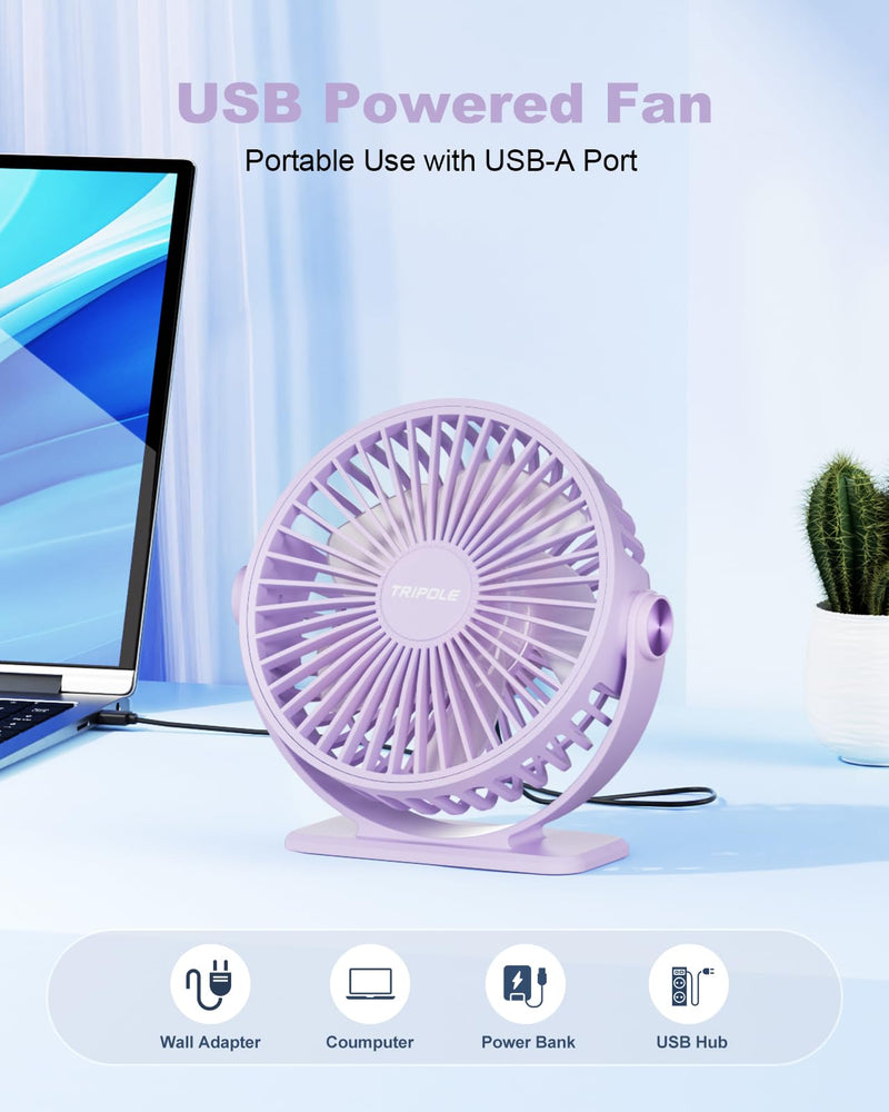 TriPole Desk Fan USB Powered Small Portable Fan, 3 Speeds Adjustable Strong Breeze Mini Personal Fan, 360° Rotation Quiet Plug In USB Fan for Desktop Bedroom Office Table Travel, Purple, 4.9ft Cable