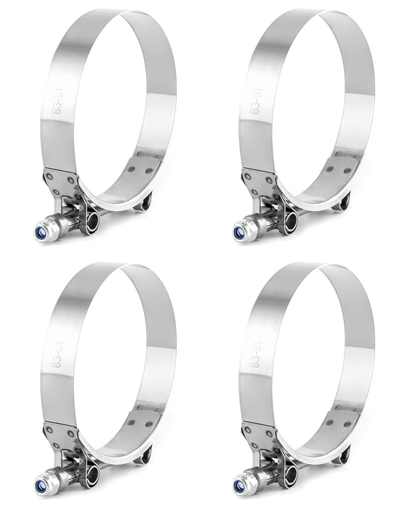 QWORK 3" T-Bolt Hose Clamp Stainless Steel, Working Range 83mm-91mm for 3" Hose ID, Turbo Intake Intercooler Clamp, 4 Pack 3" Clamp Range 83mm-91mm (3.27"-3.58")