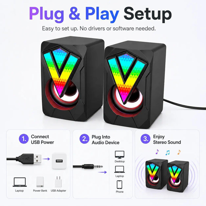 RGB LED Gaming Computer Speakers, 2.0 Channel Stereo Desktop Speakers, USB Wired Multimedia Audio with Colorful Lights for Laptop PC Game Setup Home Office